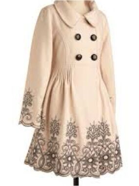 Cream and Black Embroidered European Luxury Wool Coat